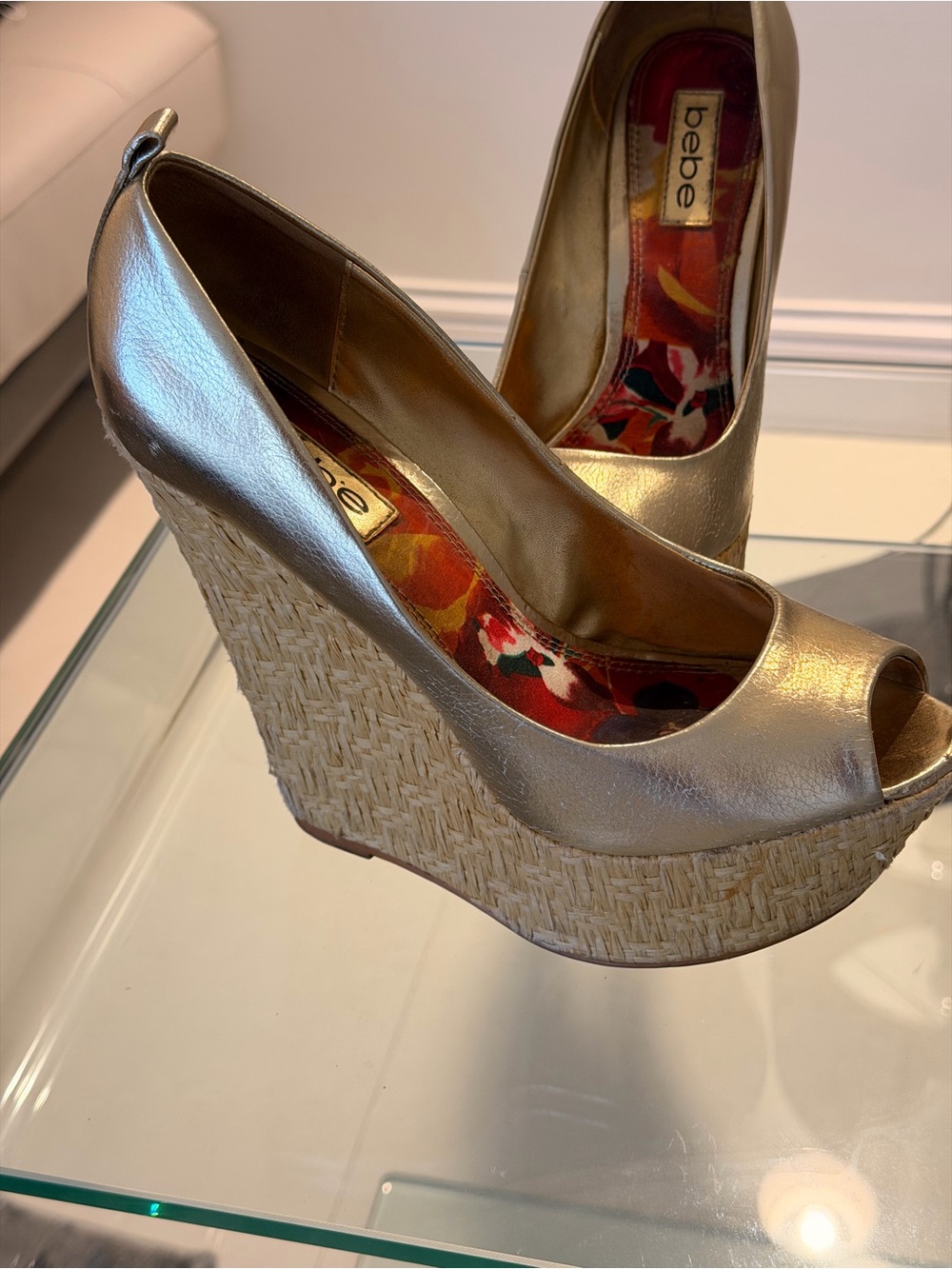 bebe Metallic Gold Wedge Peep-Toe Platform Pumps